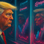 Trump walks past mirrors reflecting Polymarket charts and logos in a glitchy corridor - Cover art/illustration via CryptoSlate