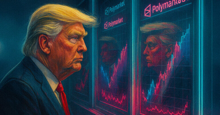 Trump walks past mirrors reflecting Polymarket charts and logos in a glitchy corridor - Cover art/illustration via CryptoSlate