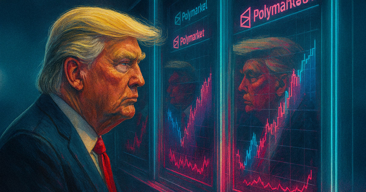 Trump walks past mirrors reflecting Polymarket charts and logos in a glitchy corridor - Cover art/illustration via CryptoSlate