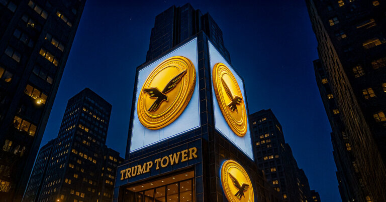 Trump Tower is depicted wrapped in glowing WLFI coin banners under bright city lights - Cover art/illustration via CryptoSlate.