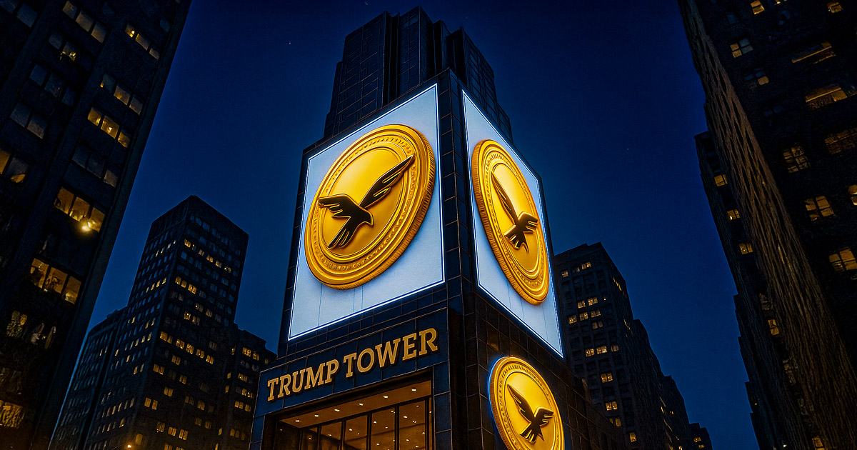 Trump Tower is depicted wrapped in glowing WLFI coin banners under bright city lights - Cover art/illustration via CryptoSlate.