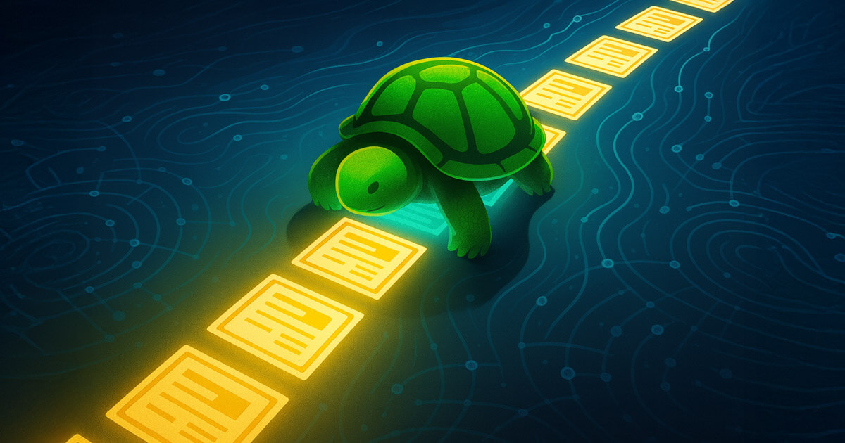 A turtle walks across a glowing bridge of smart contracts over a blockchain-inspired river - Cover art/illustration via CryptoSlate