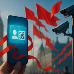 A bright, cinematic London scene shows red tape morphing into fluttering red flags around a glowing smartphone with a QR-like ID icon, under watchful CCTV cameras and the blurred silhouette of Big Ben.