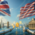 A gleaming transatlantic pipeline carries glowing crypto symbols between sunlit London and New York skylines as UK and US flags billow overhead, symbolizing aligned market plumbing