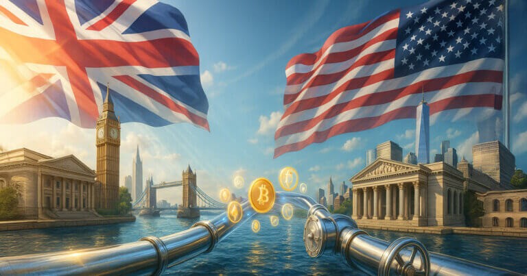 A gleaming transatlantic pipeline carries glowing crypto symbols between sunlit London and New York skylines as UK and US flags billow overhead, symbolizing aligned market plumbing