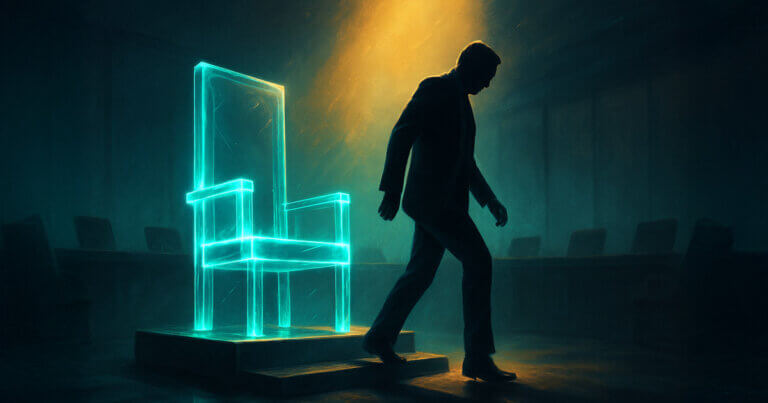 A silhouetted figure steps down from a glowing glass throne in a shadowed boardroom under fading light - Cover art/illustration via CryptoSlate.