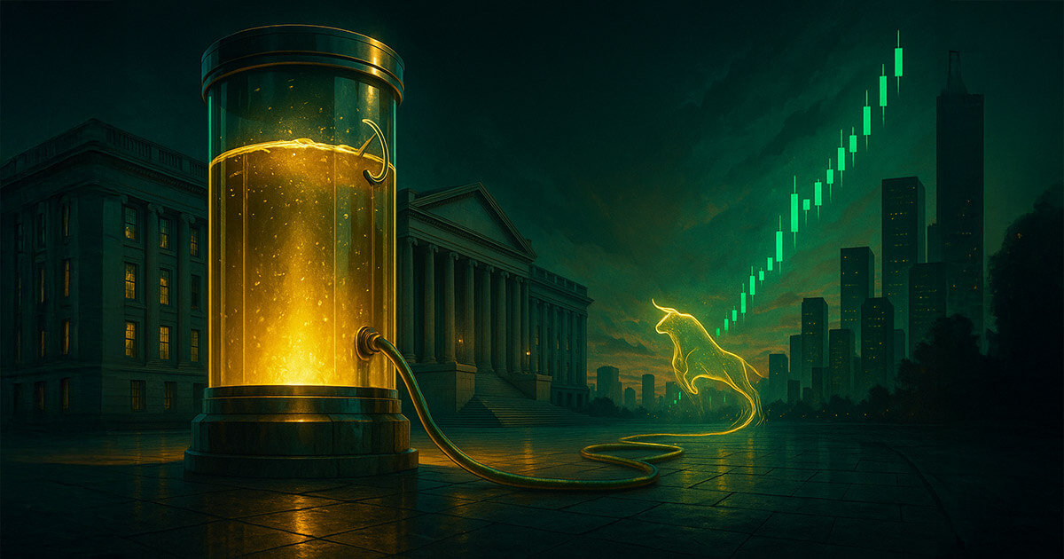 A glowing, near-full golden reservoir before the U.S. Treasury spills luminous streams into a skyline morphing into rising green candlesticks, evoking optimistic upward momentum at dusk.