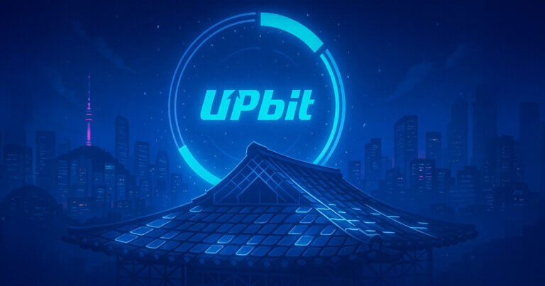 Neon-blue Upbit logo hovers within a segmented countdown ring above a blockchain-glowing hanok roof against the Seoul skyline, hinting at the Giwa network reveal.
