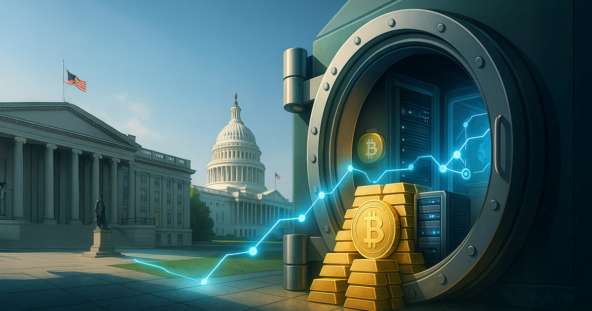 Daylight editorial scene links the U.S. Treasury and Capitol to an open vault filled with stacked Bitcoin and cold-storage servers, symbolizing a proposed Strategic Bitcoin Reserve and custody plan