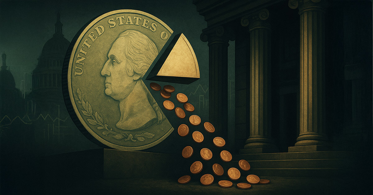 A moody, cinematic 16:9 illustration shows a giant dollar coin with a wedge removed as a stream of copper pennies spills into the shadow of neoclassical government columns, conveying that a significant share of U.S. tax dollars is consumed by interest on the national debt.