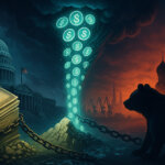 A storm-lit scene shows glowing stablecoins swirling from broken chains at the U.S. Capitol toward a dark red Kremlin skyline, symbolizing geopolitical tension over debt and crypto policy.