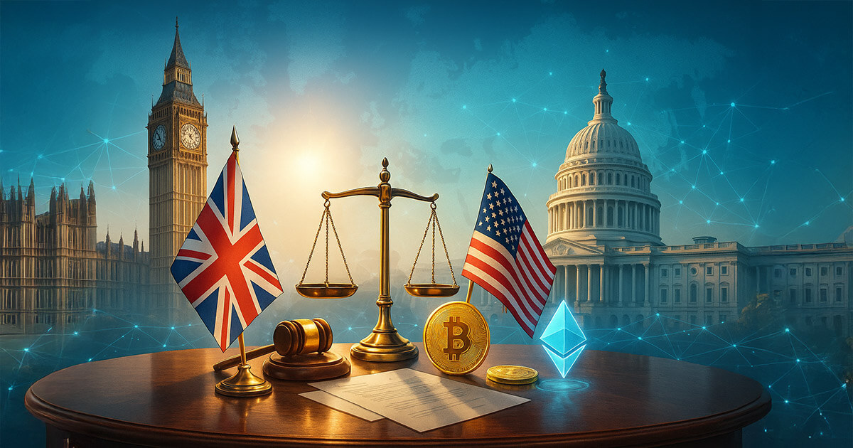 Bright photorealistic montage shows UK and US flags flanking scales of justice and glowing crypto icons on a conference table, with Westminster and the U.S. Capitol connected by a luminous network under clear daylight.