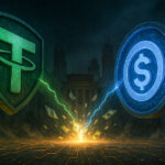 Tether’s USAT and Circle’s USDC are depicted in a dramatic clash, symbolizing the fight for dominance in the trillion-dollar stablecoin market - Cover art/illustration via CryptoSlate.