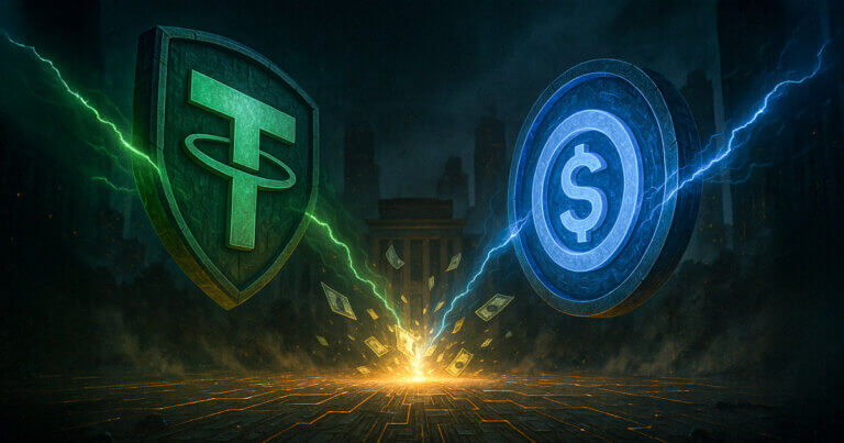 Tether’s USAT and Circle’s USDC are depicted in a dramatic clash, symbolizing the fight for dominance in the trillion-dollar stablecoin market - Cover art/illustration via CryptoSlate.