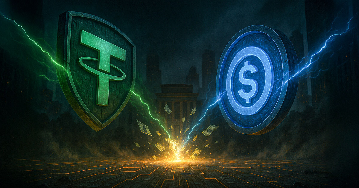 Tether’s USAT and Circle’s USDC are depicted in a dramatic clash, symbolizing the fight for dominance in the trillion-dollar stablecoin market - Cover art/illustration via CryptoSlate.