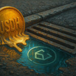 A melting USDH coin flows into a storm drain as Ethena’s emblem glows in a nearby puddle - Cover art/illustration via CryptoSlate.
