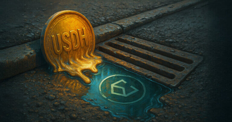 A melting USDH coin flows into a storm drain as Ethena’s emblem glows in a nearby puddle - Cover art/illustration via CryptoSlate.