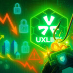 A bright, cinematic scene shows a phishing hook snatching glowing UXLINK tokens from a wallet as the UXLINK logo shines amid warning symbols and descending price arrows.