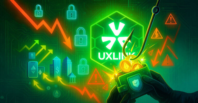 A bright, cinematic scene shows a phishing hook snatching glowing UXLINK tokens from a wallet as the UXLINK logo shines amid warning symbols and descending price arrows.