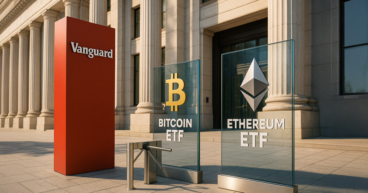 A bright, daylit finance plaza shows a red Vanguard monolith beside glass Bitcoin and Ethereum ETF panels with an opening turnstile, symbolizing new customer access.