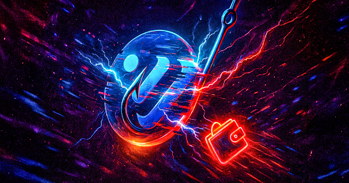 The Venus Protocol logo is pierced by a phishing hook as digital wallet icons are dragged into a glitch storm - Cover art/illustration via CryptoSlate.