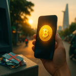 A bright, cinematic street scene in Ho Chi Minh City shows hands holding a phone with a glowing Bitcoin coin while cut bank cards and a taped-off ATM fade into the background.