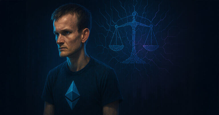 Vitalik Buterin stands in cool blue-purple light against a cracked, circuit-like scales-of-justice motif, his Ethereum logo subtly glowing as the scene conveys defiant skepticism toward AI governance.