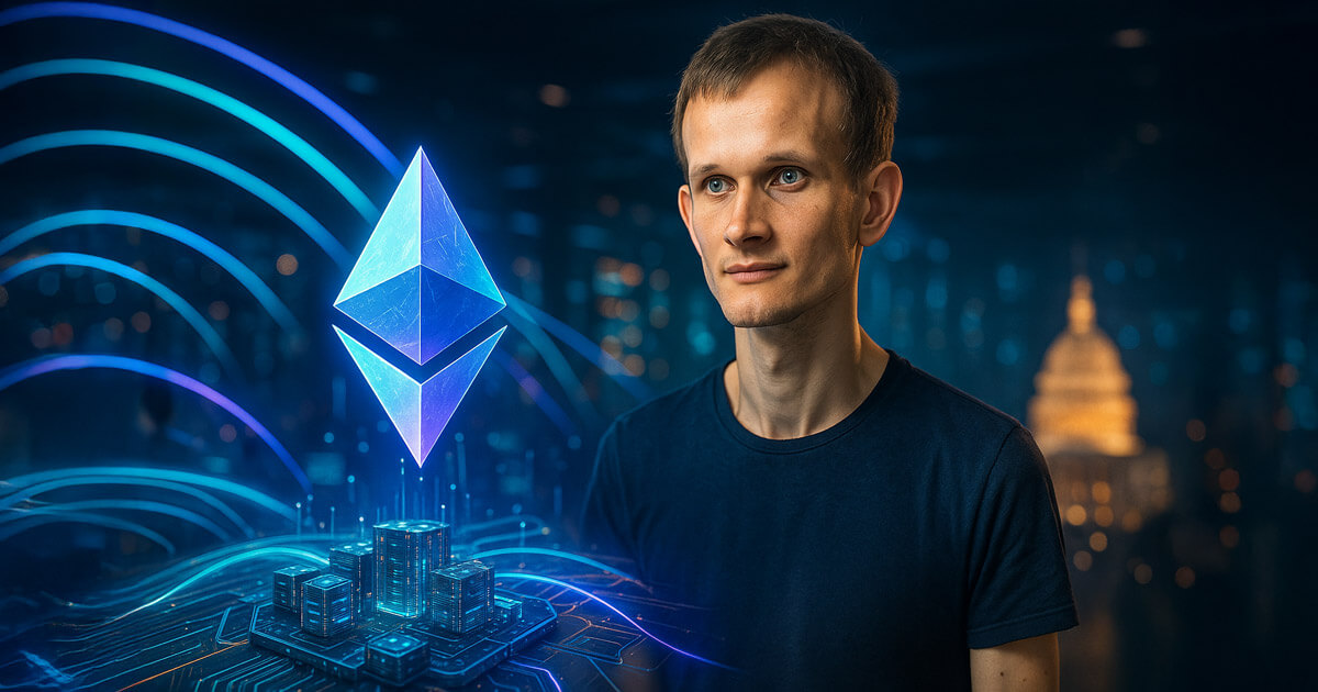 Vitalik Buterin beside a glowing Ethereum logo with layered rollup streams and shard-like beams flowing into a scalable network core.