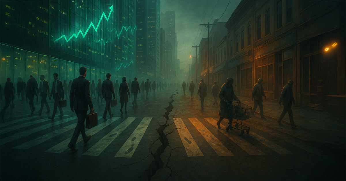 A cinematic 16:9 scene shows a rain-slick city street split down the middle: on the left, neon-lit glass towers with fast-walking professionals and abstract rising graphs; on the right, dim, shuttered storefronts with weary pedestrians and a broken crosswalk, all in a cold teal and rust palette to evoke dissonance.