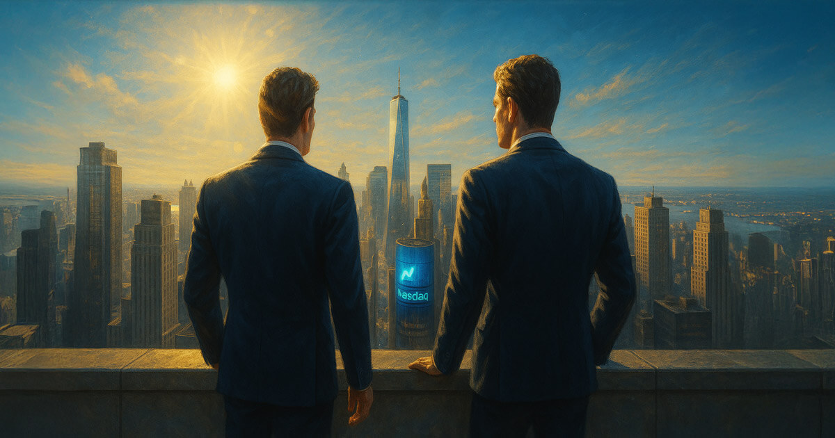 The Winklevoss twins stand on a rooftop overlooking Manhattan with the Nasdaq tower glowing below - Cover art/illustration via CryptoSlate.