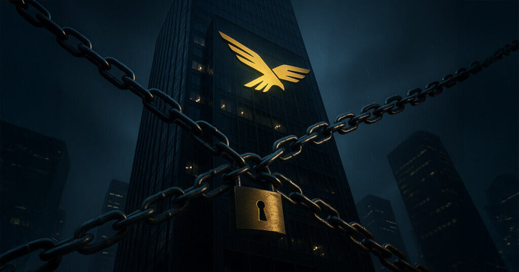 A towering glass skyscraper at night bears a glowing golden eagle emblem while massive steel chains crisscross the facade and a heavy padlock blocks the entrance.