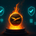 A WLFI coin using the provided logo burns atop a pedestal as teal governance checkmarks and silhouettes suggest strong early community support