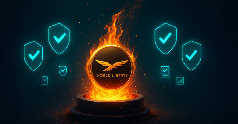 A WLFI coin using the provided logo burns atop a pedestal as teal governance checkmarks and silhouettes suggest strong early community support