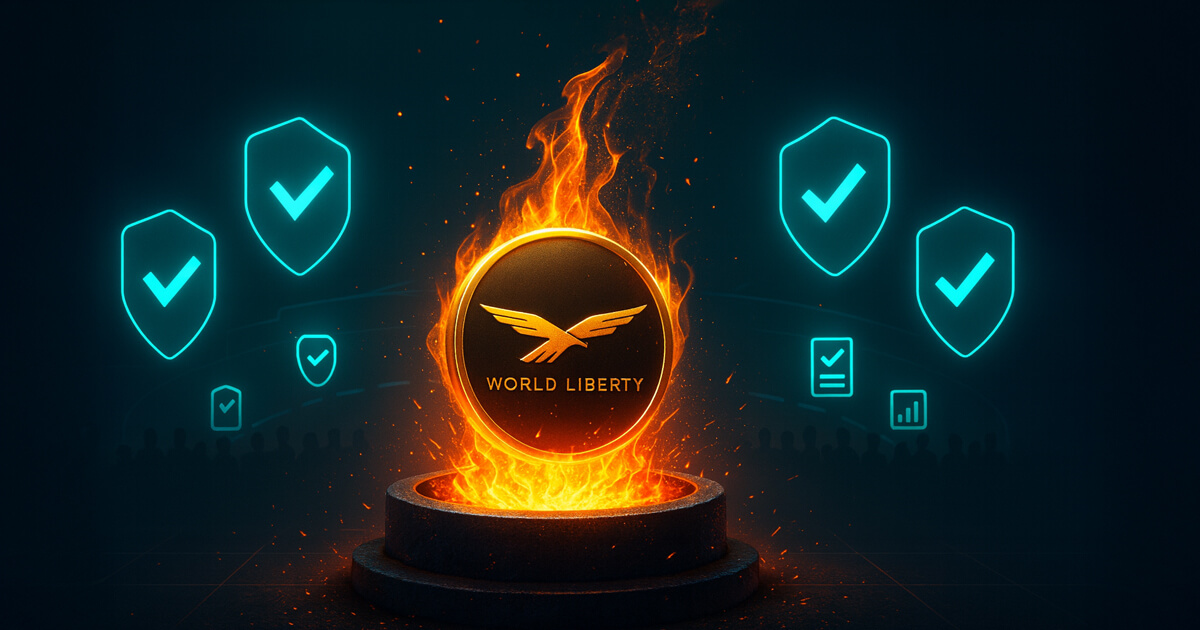 A WLFI coin using the provided logo burns atop a pedestal as teal governance checkmarks and silhouettes suggest strong early community support