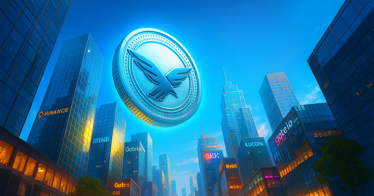 WLFI coin glows above skyscrapers featuring major exchanges including Binance, KuCoin, and Bybit, symbolizing its new global market listings - Cover art/illustration via CryptoSlate.
