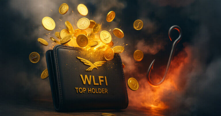 A WLFI Top Holder's wallet explodes with coins as a phishing hook lurks in fog - Cover art/illustration via CryptoSlate.