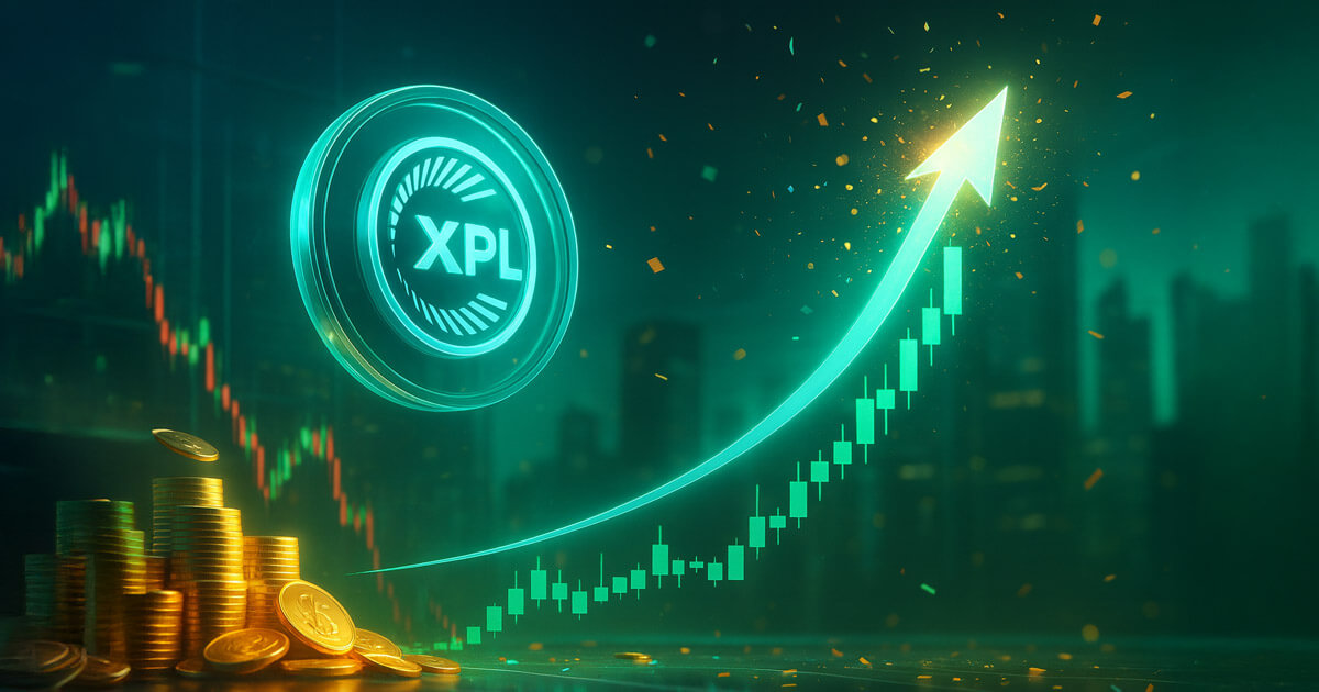 luminous XPL logo coin soaring beside a chart that plunges left then rockets to a sparkling all-time high, with teal–gold confetti over a glassy trading-floor skyline.