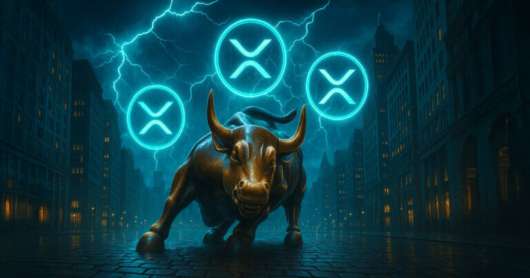 The Charging Bull stands beneath stormy skies as glowing XRP logos hover above Wall Street - Cover art/illustration via CryptoSlate.