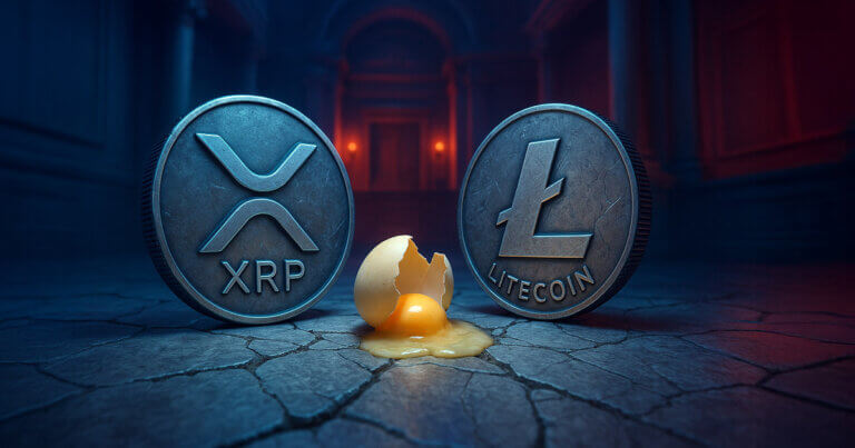 XRP and Litecoin coins depicted cracked on a marble floor with a broken egg between them in a courtroom-like hall - Cover art/illustration via CryptoSlate.