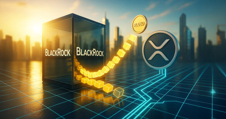 A sunlit BlackRock glass cube channels glowing token blocks toward an illuminated XRP Ledger node with an RLUSD coin hovering above, symbolizing BUIDL’s potential expansion to XRPL.