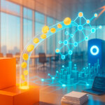 Bright, photorealistic accelerator lab links an orange Y Combinator logo pedestal to a blue Base portal via a glowing pipeline of coin-like nodes feeding an expansive on-chain network under vivid, high-key lighting.