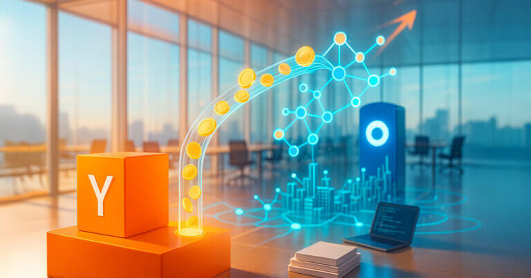 Bright, photorealistic accelerator lab links an orange Y Combinator logo pedestal to a blue Base portal via a glowing pipeline of coin-like nodes feeding an expansive on-chain network under vivid, high-key lighting.