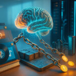 a glowing fiber-optic AI brain chained to a metal ledger plate as golden micropayments stream into a hardware wallet from realistic book, vinyl, and image artifacts tagged with chip-like provenance markers, symbolizing blockchain-enforced licensing for AI training.