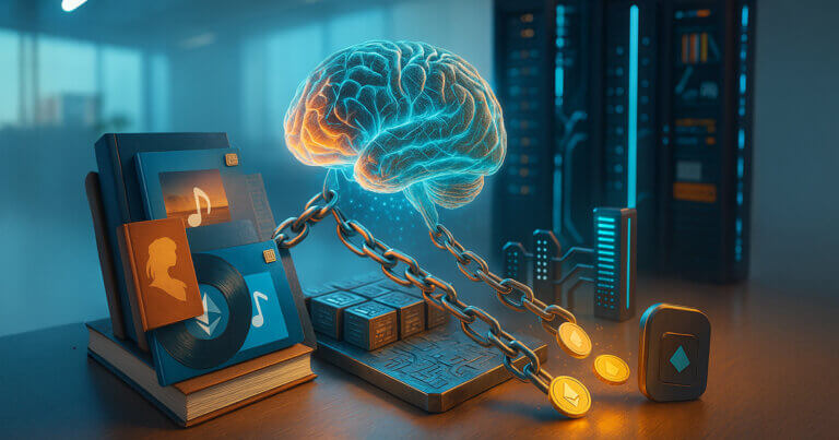a glowing fiber-optic AI brain chained to a metal ledger plate as golden micropayments stream into a hardware wallet from realistic book, vinyl, and image artifacts tagged with chip-like provenance markers, symbolizing blockchain-enforced licensing for AI training.