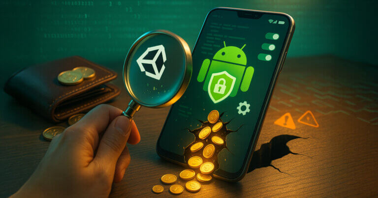 Photorealistic daylight close-up of an Android phone showing the Unity logo and security icons as glowing coins leak from a crack into a bug-shaped hole while a hand inspects with a magnifying glass