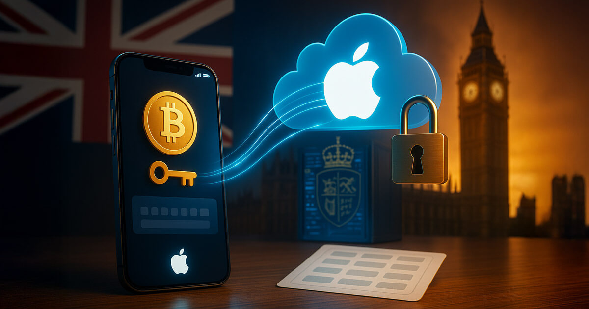 Photorealistic iPhone with a Bitcoin wallet screen sends glowing data streams to an Apple iCloud cloud beside a UK emblem and Big Ben, hinting at government access risk to keys.