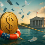 A hyperrealistic 16:9 scene shows a cracked golden peso cinched by a U.S.-flag lifebuoy and tethered across turquoise water toward a neoclassical building with an American flag, while Argentine banknotes swirl above a sunlit Buenos Aires skyline.