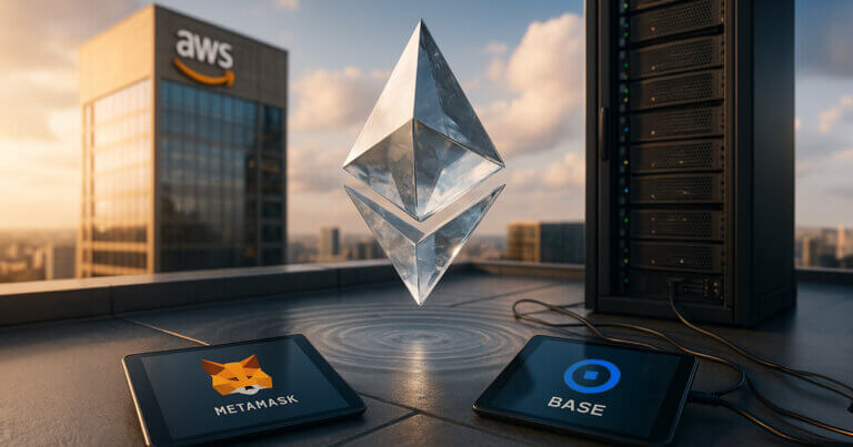 rooftop scene features a glass-sculpted Ethereum logo hovering above subtle ripple rings between an AWS glass tower and a lit server rack, while two tablets show only MetaMask and Base logos, all rendered with crisp textures, natural reflections, and balanced warm–cool lighting.