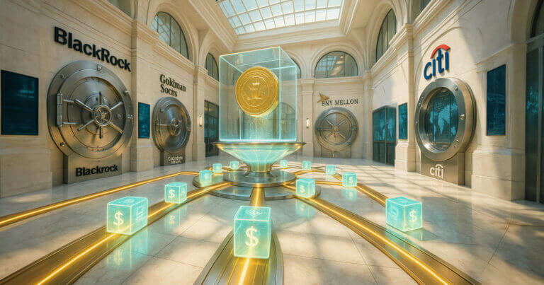 marble atrium where glowing teal “token” cubes stream along golden rails from a central glass plinth toward vault doors bearing BlackRock, Goldman Sachs, BNY Mellon and Citi logos, symbolizing banks becoming crypto custodians.