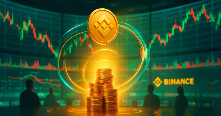 trading floor glowing with high-key light as non-text logos for USDe, BNSOL, and WBETH orbit a radiant gold coin stack beside the Binance logo, set against vivid red-green candlestick walls to convey stabilization after chaos.